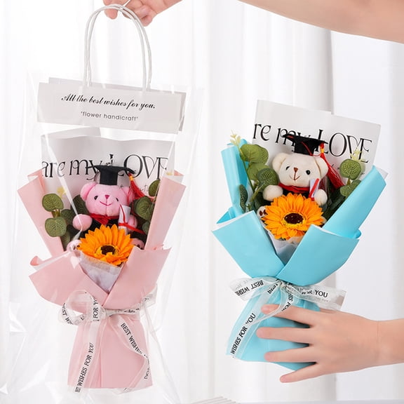 mdesiwst Graduation Plush Bear Crochet Sunflower Bouquet Handmade Knitting Yarn Artificial Flower with Grad Stuffed Bear Decoration Graduation Party Favors
