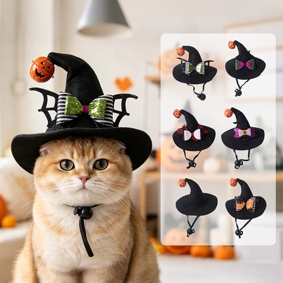 mdesiwst Halloween Cat Wizard Hat, Bent Pointed Hat with Pumpkin Bell, Sequined Bow Festive Pet Hat for Cats Small Dogs