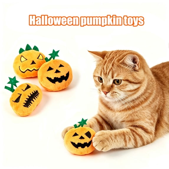 mdesiwst Halloween Pumpkin Cat Toy, Squeaky Stuffed Pumpkin Cat Chew Toy, Soft Plush Toy with Feathers for Indoor Cats Self-entertainment
