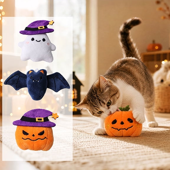 mdesiwst Halloween Theme Cat Toy, Soft Ghost Bat Pumpkin Plush Toy, Cute Stuffed Cat Chew Toy for Indoor Cats Boredom Relief