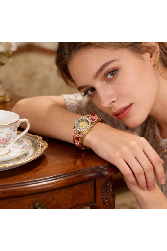 Ladies Floral Bangle Watch Rhinestone Round Dial Watch Elegant Quartz Wristwatch Sparkly Women Timepiece Gift for Mom Wife