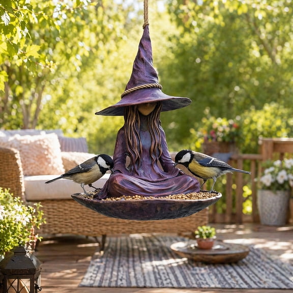 mdesiwst Meditating Witch Garden Bird Feeder Purple Hat Witch Wild Bird Seeds Tray with Rope Decorative Resin Hanging Feeder for Outside Zen Garden Patio Backyard