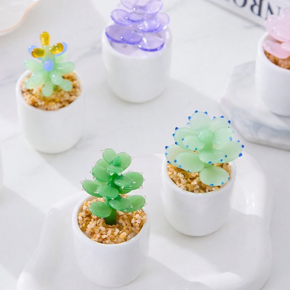 mdesiwst Mini Glass Flower Figurine Hand Blown Faux Crystal Hyacinth Cactus Collectible Ornament for Home Office Tabletop Garden Car Interior Decor