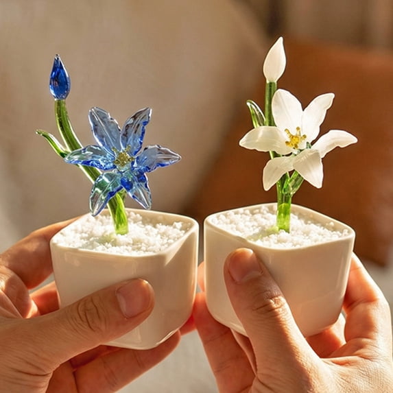 mdesiwst Mini Glass Potted Flower Figurine Hand Blown Faux Crystal Artificial Lily Flower Collectible Ornament for Women Mom Wedding Home Table Centerpiece
