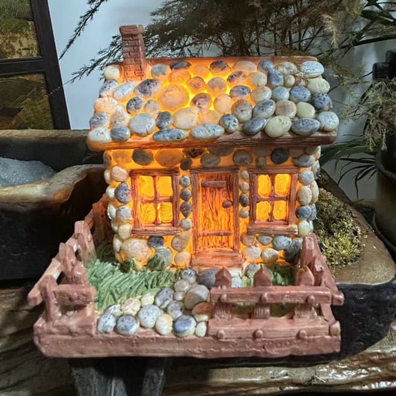 mdesiwst Miniature Resin Stone House Mini Rustic Pebble House with LED Light Fairy Garden Micro Landscape Decoration for Bonsai Moss Terrarium Crafts
