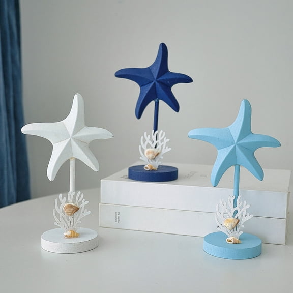 mdesiwst Nautical Themed Starfish Table Decor Coastal Beach Wooden Starfish Figurine Vintage Ocean Block Sign with Wood Base for Living Room Bedroom