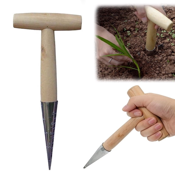 mdesiwst Plant Hole Digger for Planting Garden Seeds Bulbs Planting Tool Handheld Digger with Wooden T-Handle for Tulip Daffodil Saffron Vegetable Seeds