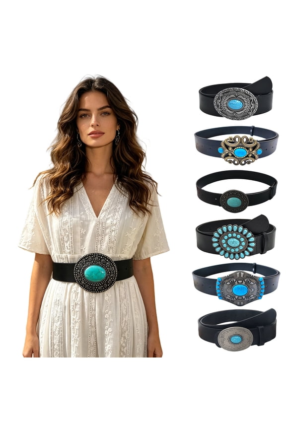 Retro Western Turquoise Belt with Distressed Silver Color Carved Buttons Natural Blue Turquoise Rodeo Style Cowboy Cowgirl Waistband