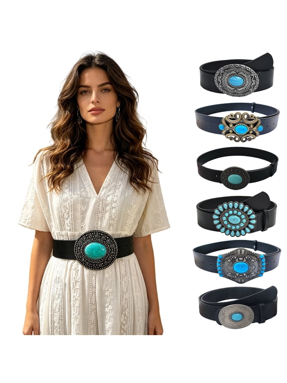 Retro Western Turquoise Belt with Distressed Silver Color Carved Buttons Natural Blue Turquoise Rodeo Style Cowboy Cowgirl Waistband