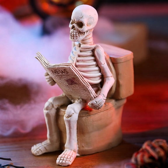 mdesiwst Skeleton Sitting on Toilet Figurine Resin Skull Reading Newspaper Statue Funny Gothic Bathroom Accessory for Halloween Home Bar Decor