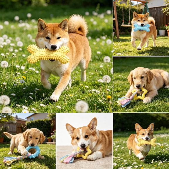 mdesiwst Spiky Dog Chew Toy Rubber Dog Teeth Cleaning Toy Puppy Teething Toy with Braided Fabric Strips for Small Medium Dogs Tug-of-War Play