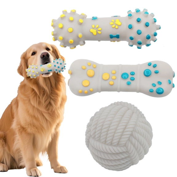 mdesiwst Squeaky Dog Toy Rubber Textured Barbell Bone Ball Dog Chew Toy Teeth Cleaning Toy for Aggressive Chewers Interactive Fetch Play