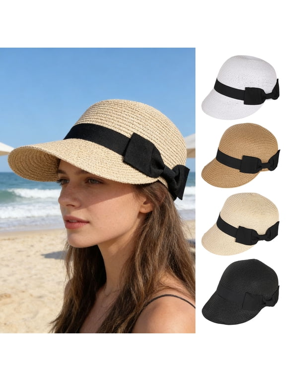 Straw Hat Wide Black Ribbon Bow Dome Flat Brim Baseball Hat Lightweight Breathable Sun Protection Hat