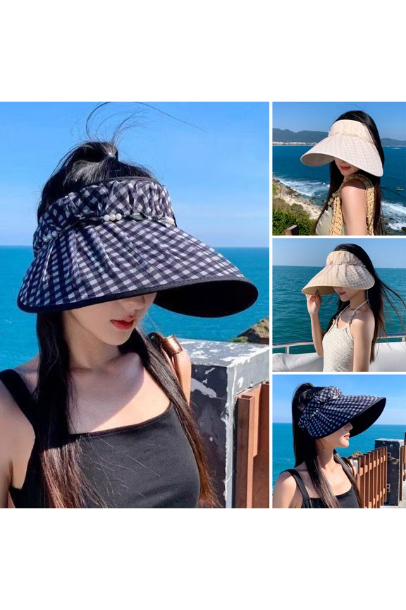 Sun Hat Checkered Design Empty Top Full Face Sun Protection Large Eaves Hat with Bowknot Faux Pearls Decor Summer Travel Hat