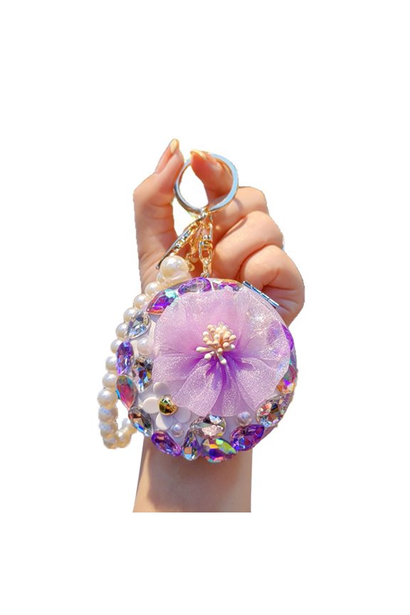 Women Folding Mirror Keychain Portable Make-up Mirror Pendant Rhinestones Faux Pearl Double-Sided Mirror Bag Charm for on The Go Touch-up