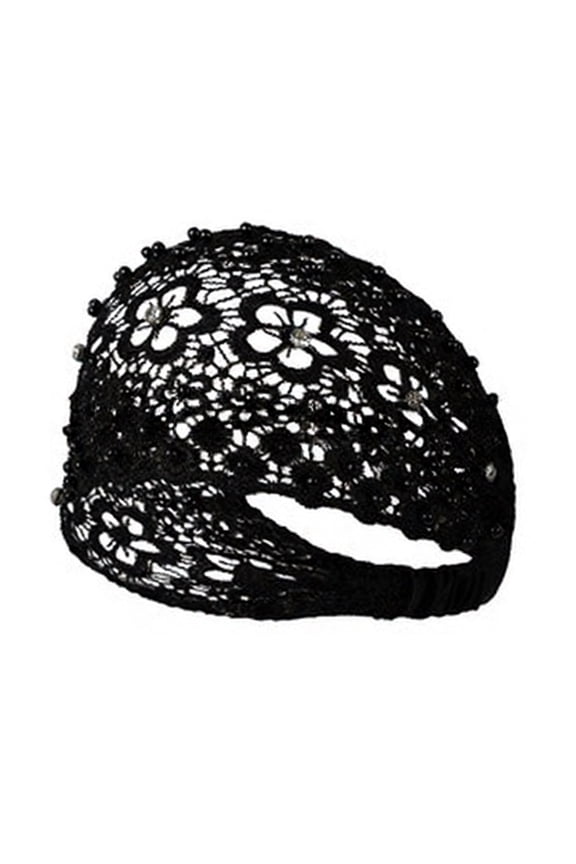 Women Headband Hollow Design Embroidery Lace Flower Elastic Headband with Imitation Pearl Sparkling Rhinestones Inlaid Hair Accessories