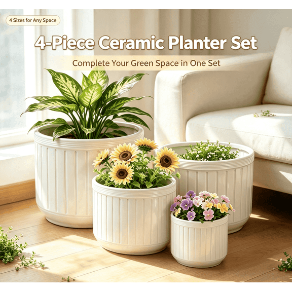 Mdj Pottery Set of 4 White Handmade Ceramic Planters, Vertical‑Line Indoor Plant Pots with Drainage Holes, 6‑12 inch Diameter for Succulents and Cacti