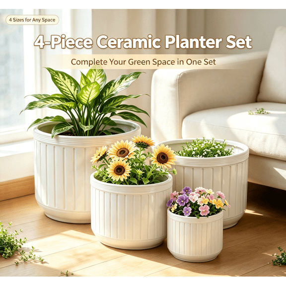 mdj 4pcs White Ceramic Planter, Handmade Indoor Plant Pots with Drainage, 6-12 Inch Diameter Vertical Line Pattern for Succulents, Cacti, Windowsill & Bookshelf