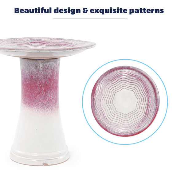 mdj pottery 17'' Ceramic Bird Bath for Outside, Elegant Tall Outdoor Bird Bath, Lightweight Pedestal Glazed Birdbaths for Outdoors with Swirl Pattern, Rose Ombre