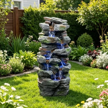 Mdj Pottery 23.6in 7-Tier Rock Waterfall Fountain with LED Lights, Natural Stone Moss Accents, Grey Outdoor Patio Garden Decor