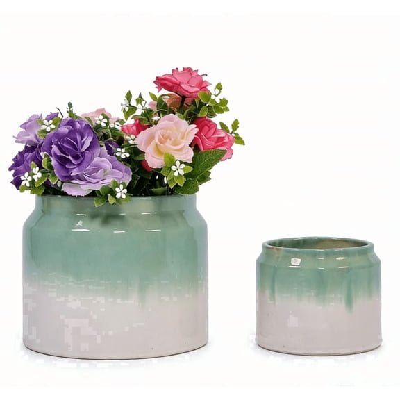 mdj pottery 2PCS Drip Glaze Ceramic Planters, 6"+8" Breathable Flower Pots Indoor Outdoor for Succulent Orchid Violet, Shelf Desk Decor, Blue Green