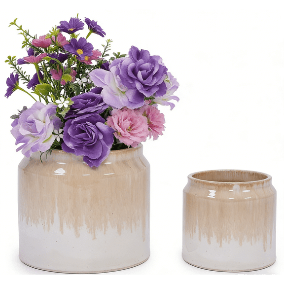mdj pottery 2pcs Beige Drip Glaze Ceramic Planter, 6" & 8" Non-Porous Breathable Clay Plant Pots, Indoor Outdoor Use for Orchids, Succulents & Violets, Ideal for Shelf & Desk Decor