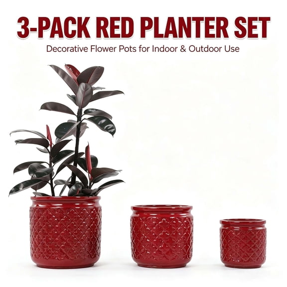 mdj pottery 3 PCS Ceramic Planter, 9/12/15 Inch Deep Cylinder Planter with Drainage Hole, Large Plant Pots for Tree Foliage - Red