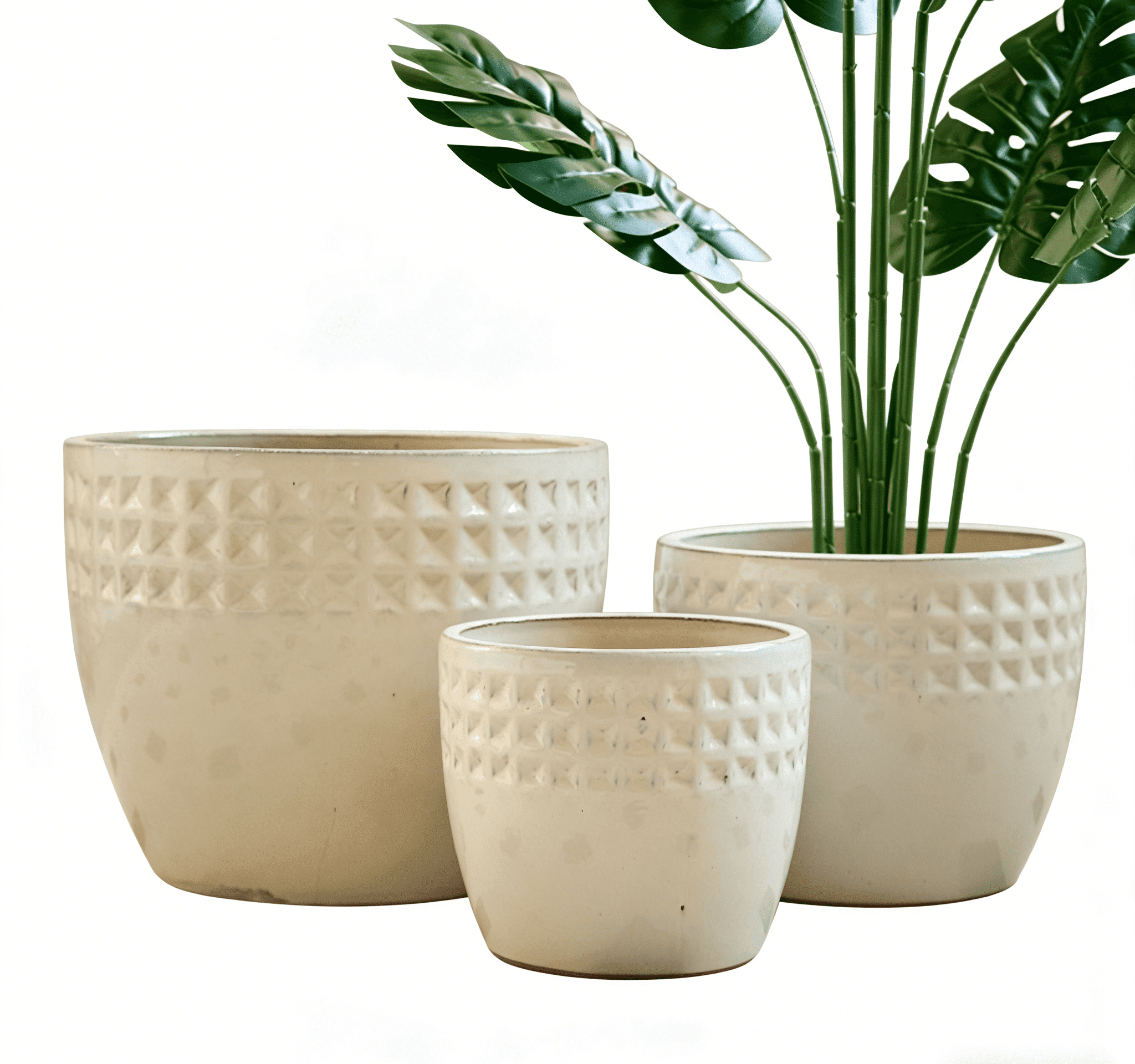 mdj pottery 3pcs Handmade Ceramic Planter Set, 15/12/9 Inch, Antique White Diamond Pattern, Ceramic Flower Pots for Orchids Succulents, Indoor Outdoor Windowsill Bookshelf Decor