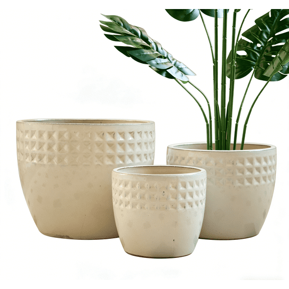 mdj pottery 3pcs Handmade Ceramic Planter Set, 15/12/9 Inch, Antique White Diamond Pattern, Ceramic Flower Pots for Orchids Succulents, Indoor Outdoor Windowsill Bookshelf Decor