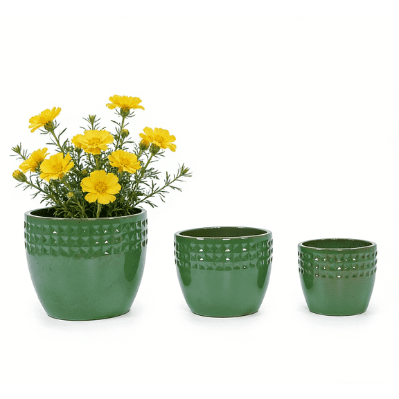 mdj pottery 3pcs Handmade Ceramic Planter Set, 15/12/9 Inch, Green Diamond Pattern, Ceramic Flower Pots for Orchids Succulents, Indoor Outdoor Windowsill Bookshelf Decor