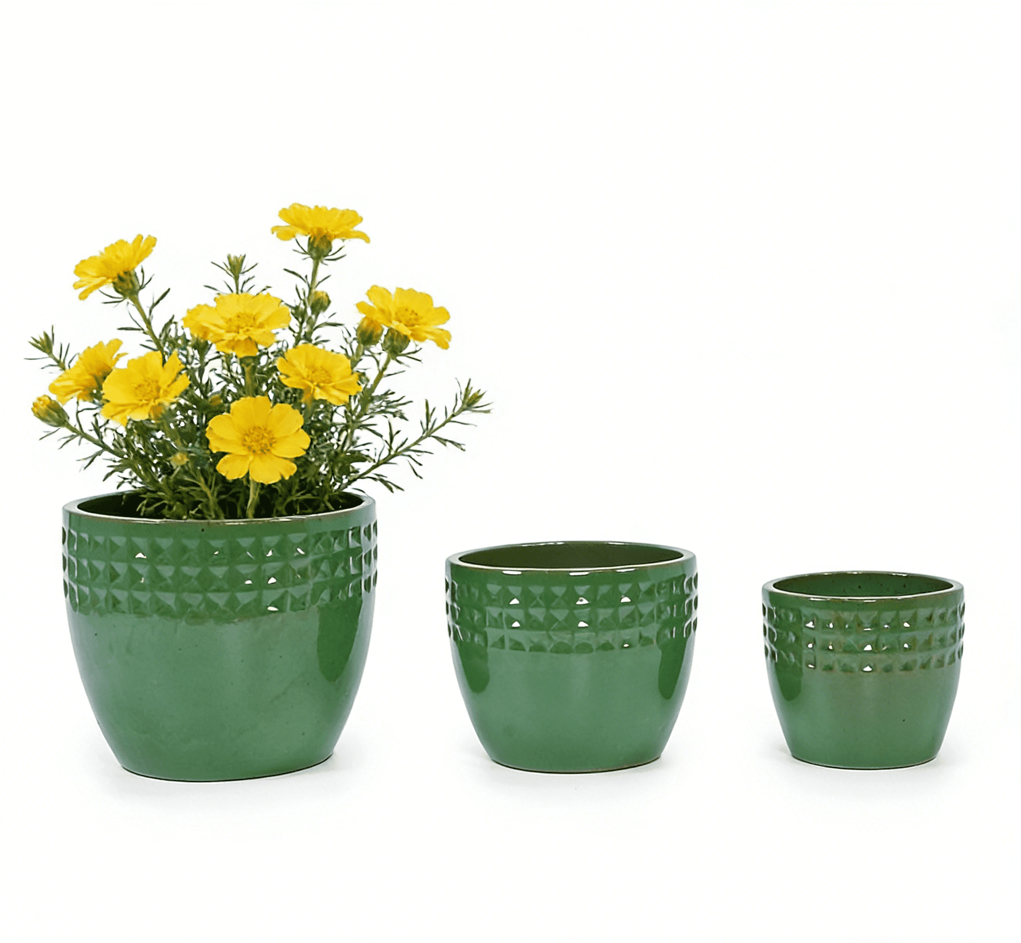 mdj pottery 3pcs Handmade Ceramic Planter Set, 15/12/9 Inch, Green Diamond Pattern, Ceramic Flower Pots for Orchids Succulents, Indoor Outdoor Windowsill Bookshelf Decor