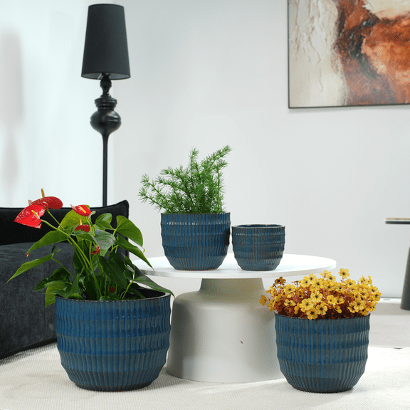mdj pottery 4-Piece Navy BlueCeramic Plant Pots, 5.31-14.17 inches, with Drainage Function, Suitable for Indoor and Outdoor Orchid Succulents, Window sill and Desktop Decoration