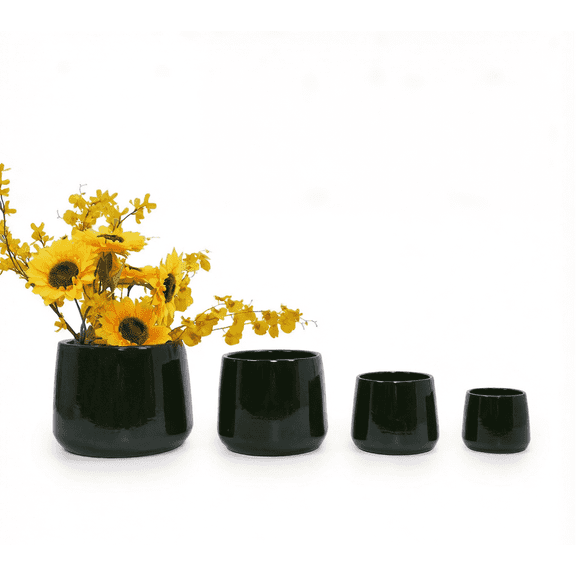 mdj pottery 4pcs Deep Green Ceramic Flower Pots, 6-14 Inch Vertical Brushed Texture Planters with Drainage Holes, Indoor/Outdoor Use Ideal for Orchids, Succulents & Cacti