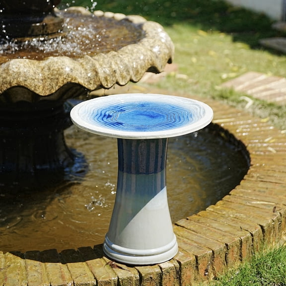 Mdj Pottery Blue Ceramic Pedestal Bird Bath, 18" Tall 17" Wide, Outdoor Garden Backyard Patio Decor