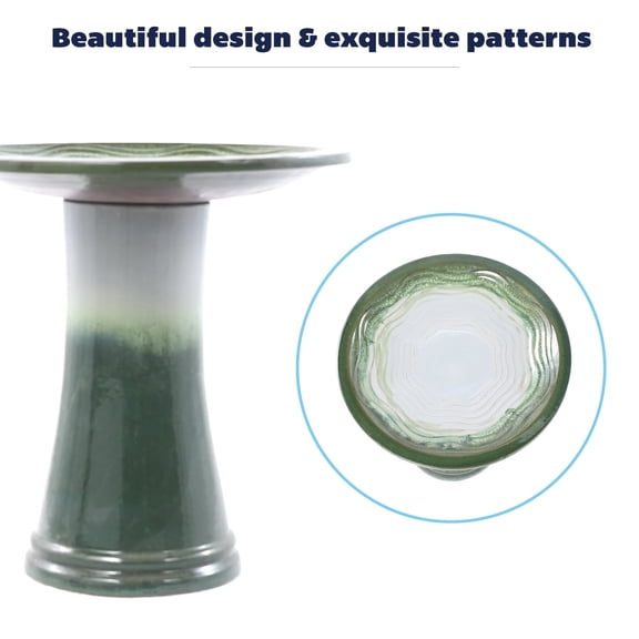 Mdj Pottery Ceramic Grass Green Pedestal Bird Bath, 18"T x 17"W Outdoor Garden Patio Decoration