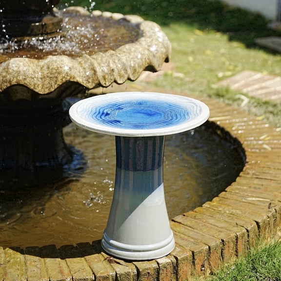 Mdj Pottery Blue Ceramic 18in Tall 17in Wide Pedestal Bird Bath Outdoor Patio Decor