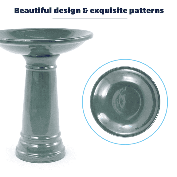 mdj pottery Ceramic Bird Bath for Outside, 15 Inch Tall Detachable Pedestal Birdbath with 12 Inch Wide Solid Plain Pattern Bowl, Glazed Minimalist Decor for Garden, Patio, Yard, Lawn - Green