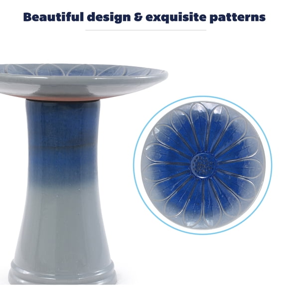 mdj pottery Ceramic Bird Bath for Outside, 16.93 inch Pedestal Bird Bath Bowls, Blue + Grey Glazed Birdbaths with Floral Embossed Design, Perfect for Outdoors, Garden, Patio, Yard, 18.11 inch Tall