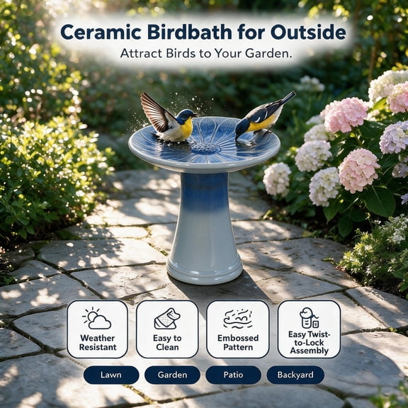 mdj pottery Ceramic Bird Bath for Outside, 16.93 inch Pedestal Bird Bath Bowls, Blue + Grey Glazed Birdbaths with Floral Embossed Design, Perfect for Outdoors, Garden, Patio, Yard, 18.11 inch Tall