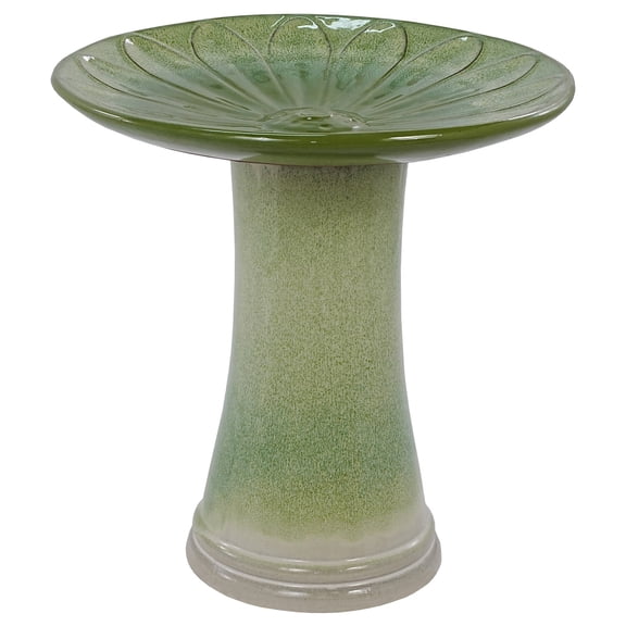 mdj pottery Ceramic Bird Bath for Outside, 16.93 Inch Pedestal Bird Bath Bowls, Green Glazed Birdbaths with Floral Embossed Design, Perfect for Outdoors, Garden, Patio, Yard, 18.11 Inch Tall