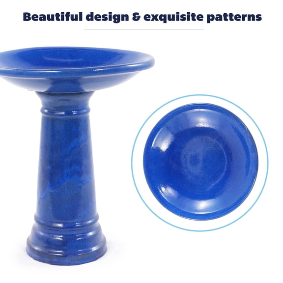mdj pottery 15 inch Ceramic Pedestal Bird Bath Bowl, Outdoor Garden Bird Feeder Station, Blue