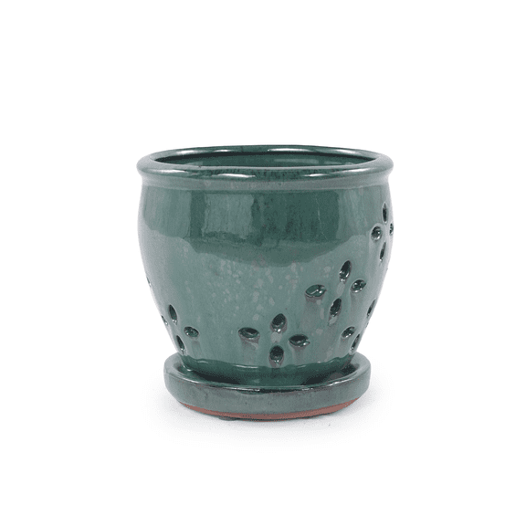 mdj pottery Ceramic Orchid Pot, 7.5 Inch Emerald Glazed Planter with Drainage Hole, Vent Holes & Attached Matching Saucer
