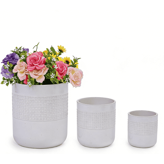 Mdj Pottery Set of 3 Modern Matte White Ceramic Planters, 5‑7‑9 inch with Drainage Holes for Indoor Plants, Garden and Windowsill