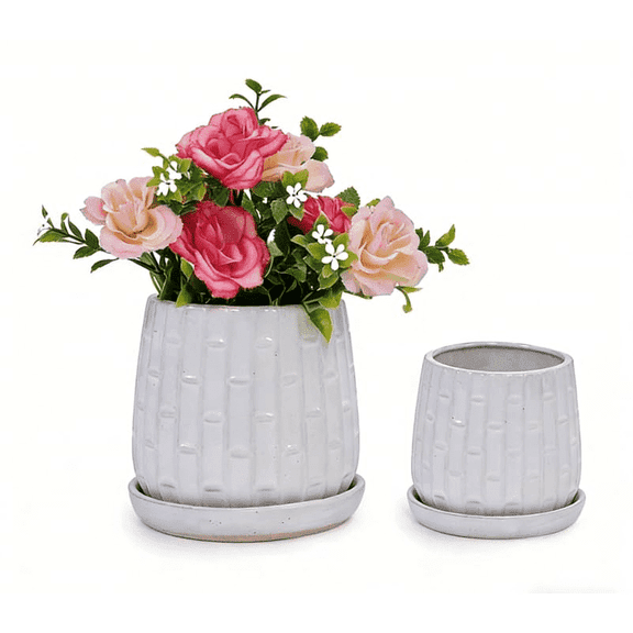 Mdj Pottery Set of 2 White Bamboo Pattern Ceramic Plant Pots, 5 & 7 Inch Planters with Drain Hole & Saucer, Indoor Outdoor Orchid Succulent Gift Pots