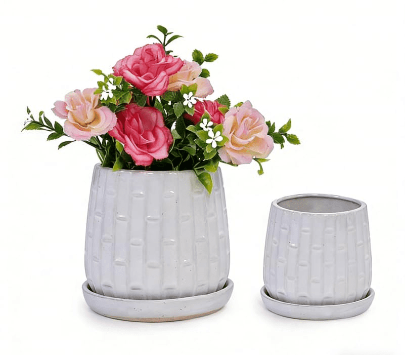 mdj pottery Ceramic Plant Pots, 7 + 5 Inch, Set of 2 Flower Pots with Drain Hole and Saucer, Bamboo Pattern Planter for Plants Orchids Succulents Indoor/Outdoor, Plant Gifts - White