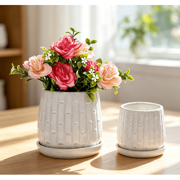 Mdj Pottery 2-Pack White Bamboo Ceramic Pots, 5 & 7 inch Planters with Drainage Holes & Saucers, Indoor Outdoor Gift for Orchids & Succulents
