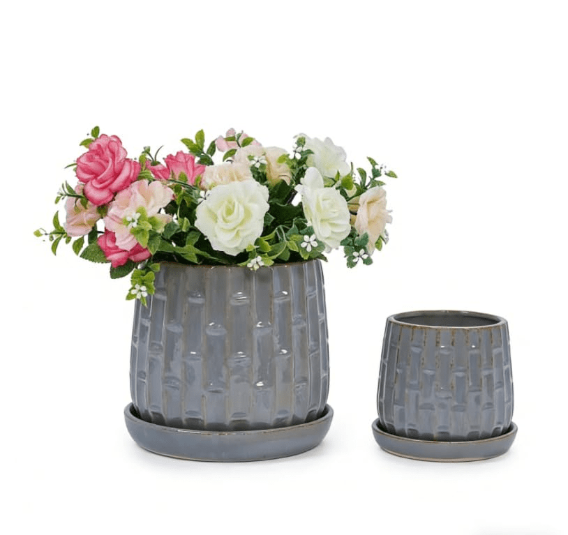 mdj pottery Ceramic Plant Pots, 7 + 5 Inch, Set of 2 Flower Pots with Drain Hole and Saucer, Bamboo Pattern Planter for Plants Orchids Succulents Indoor/Outdoor, Plant Gifts - Grey