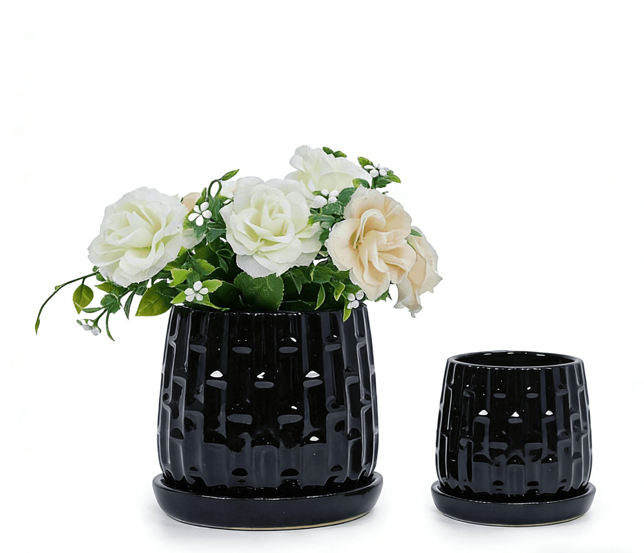 mdj pottery Ceramic Plant Pots, 7 + 5 Inch, Set of 2 Flower Pots with Drainage Hole and Saucer, Bamboo Pattern Planter for Plants Orchids Succulents Indoor/Outdoor, Plant Gifts - Black