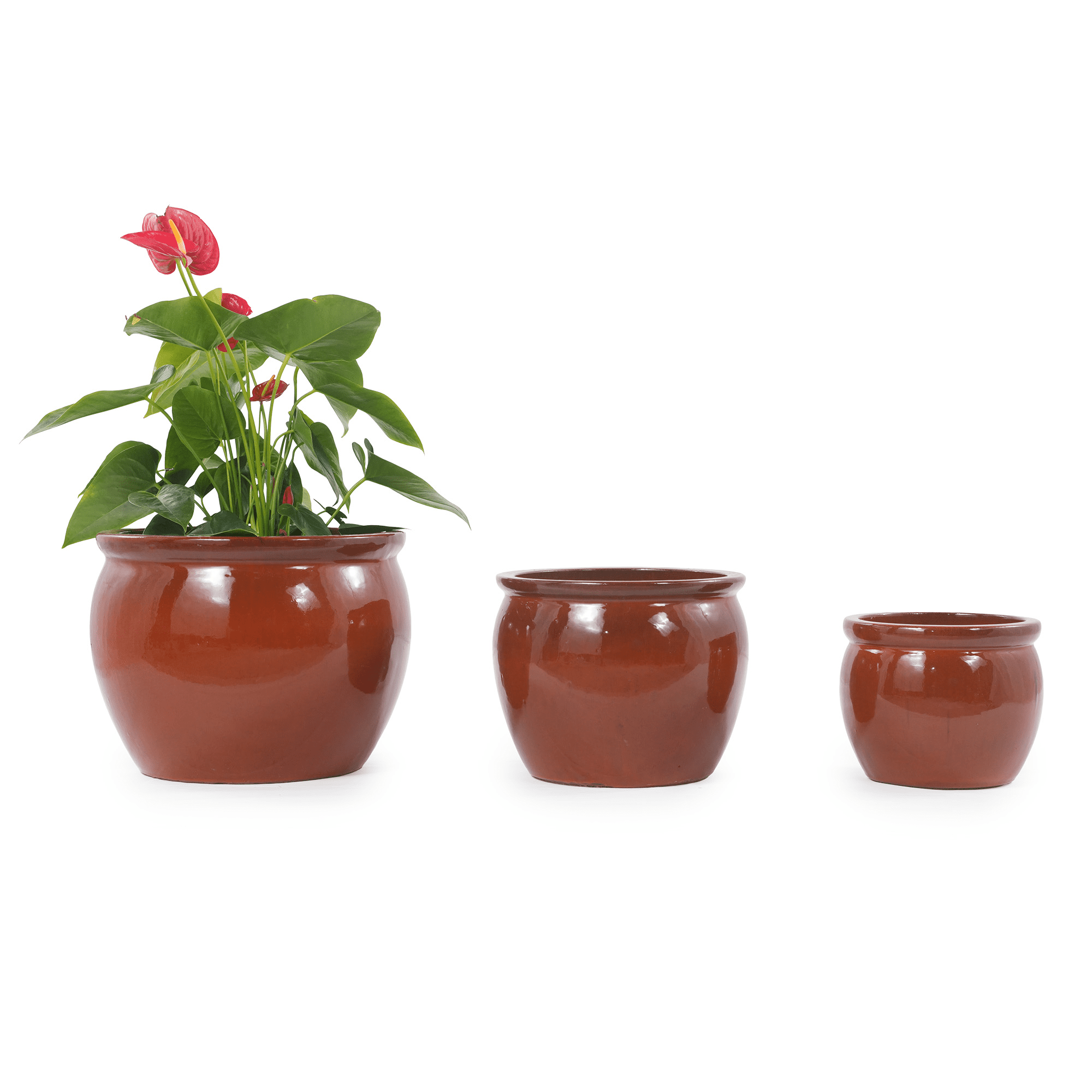mdj pottery Ceramic Plant Pots, 9+11+15 Inches, Set of 3, Drum Shaped Flower Pots with Drainage Hole, Single-Sided Glazed Breathable Planters for Indoor/Outdoor Plants, Vintage Decorative Pots - Red
