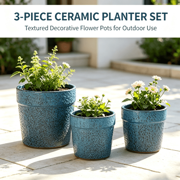 Mdj Pottery Set of 3 Glossy Antique Blue Ceramic Plant Pots with Drainage Holes, Indoor & Outdoor Planter Containers for Patio, Garden & Windowsill